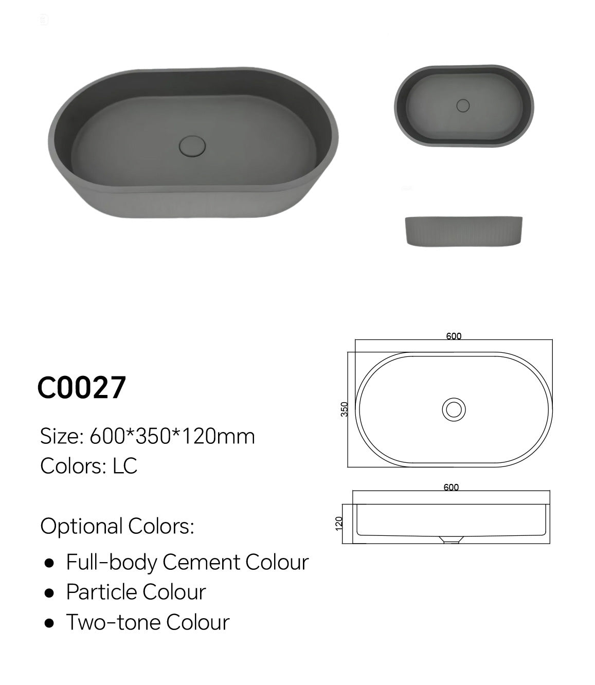 C0027 oval concrete countertop basin specification drawing showing 600 x 350 x 120 mm dimensions and centered drain layout