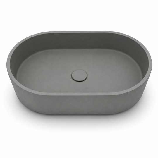Oval concrete countertop basin C0027 in LC finish with soft rounded edges and centered drain for modern bathroom vanity projects