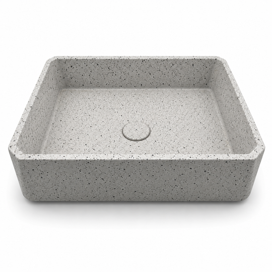 Terrazzo rectangular concrete sink C0028 in WB finish with low profile vessel basin design and centered drain