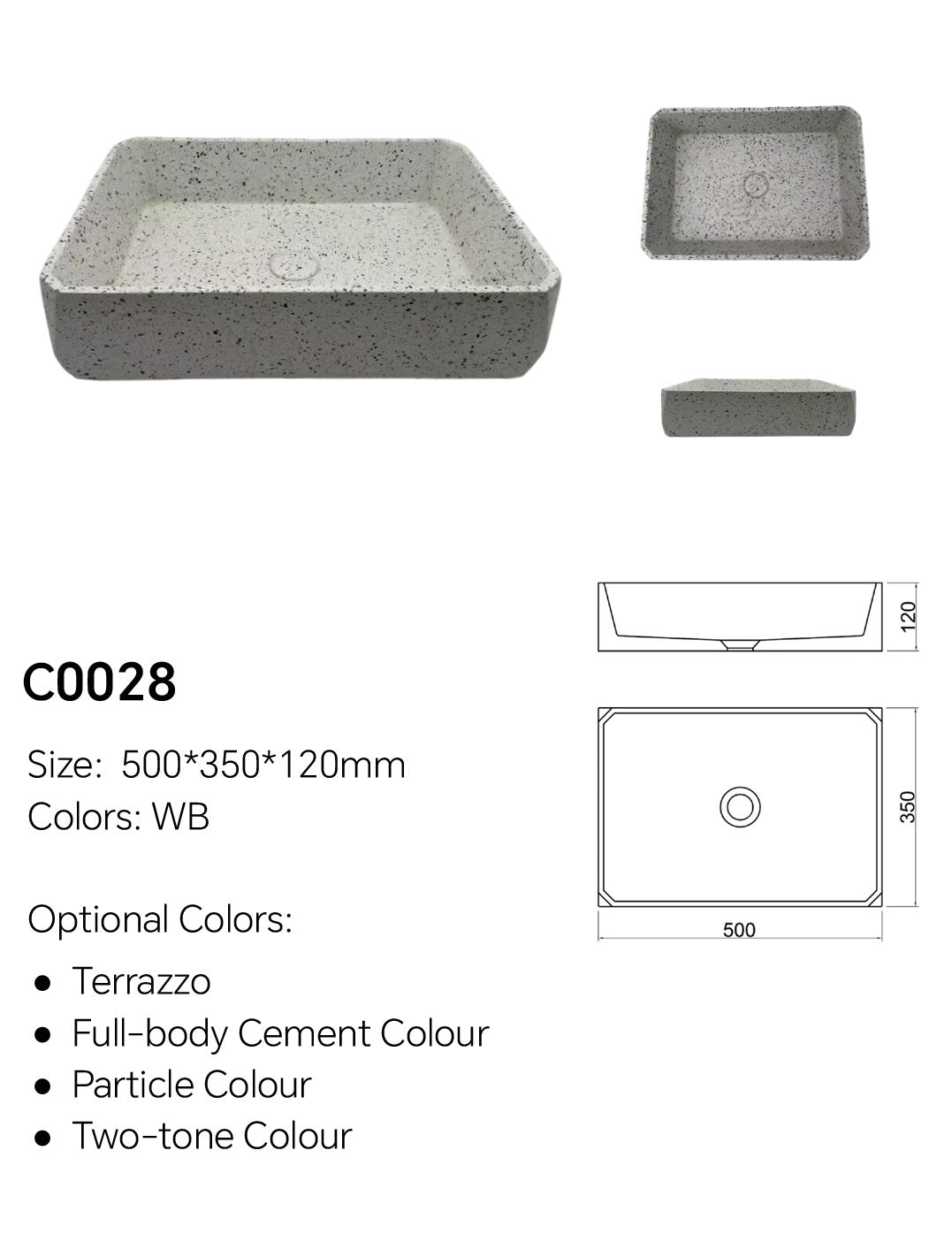C0028 terrazzo rectangular concrete sink specification diagram showing 500 x 350 x 120 mm size and countertop basin structure