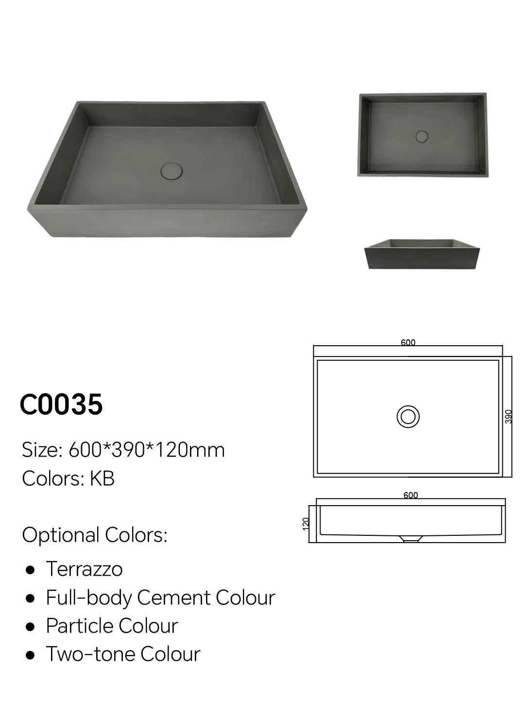 C0035 rectangular concrete countertop basin specification image showing 600 × 390 × 120 mm size and optional concrete colors