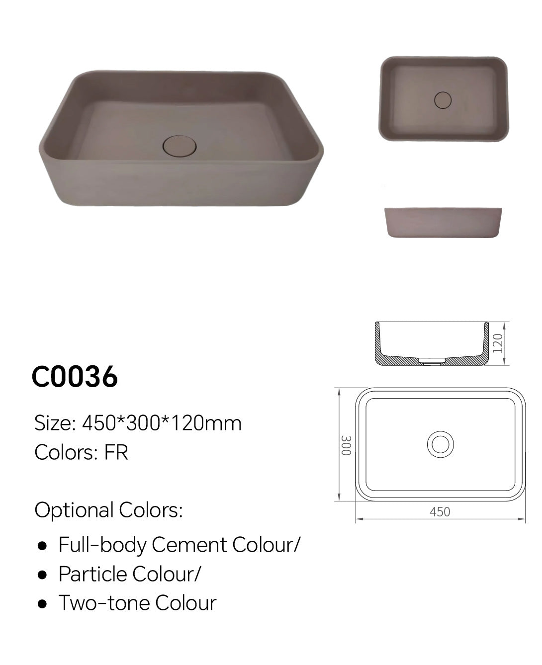C0036 rounded rectangular concrete basin size diagram showing 450 x 300 x 120 mm dimensions