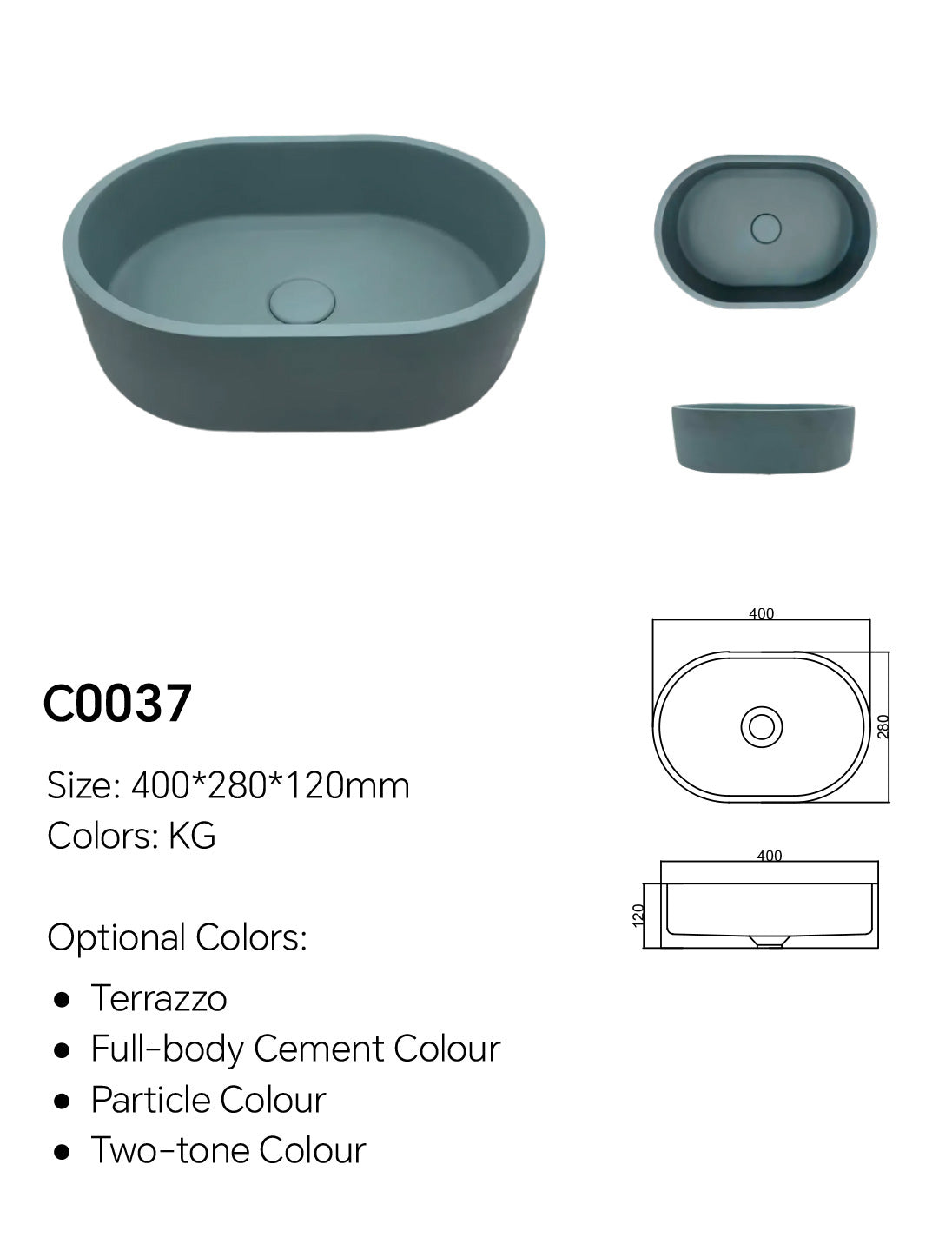 C0037 oval concrete vessel sink specification image showing 400×280×120 mm dimensions and customizable color options