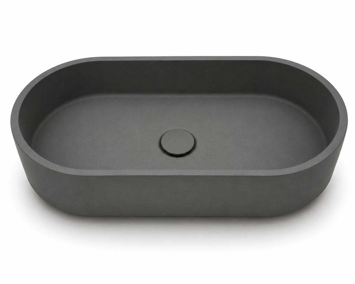 C0038 oblong dark gray concrete vessel sink with smooth rounded edges for modern bathroom vanity projects
