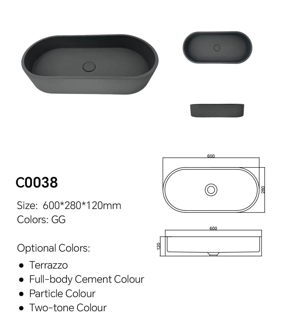 C0038 oblong concrete vessel sink specification image showing 600 x 280 x 120 mm dimensions and countertop installation details