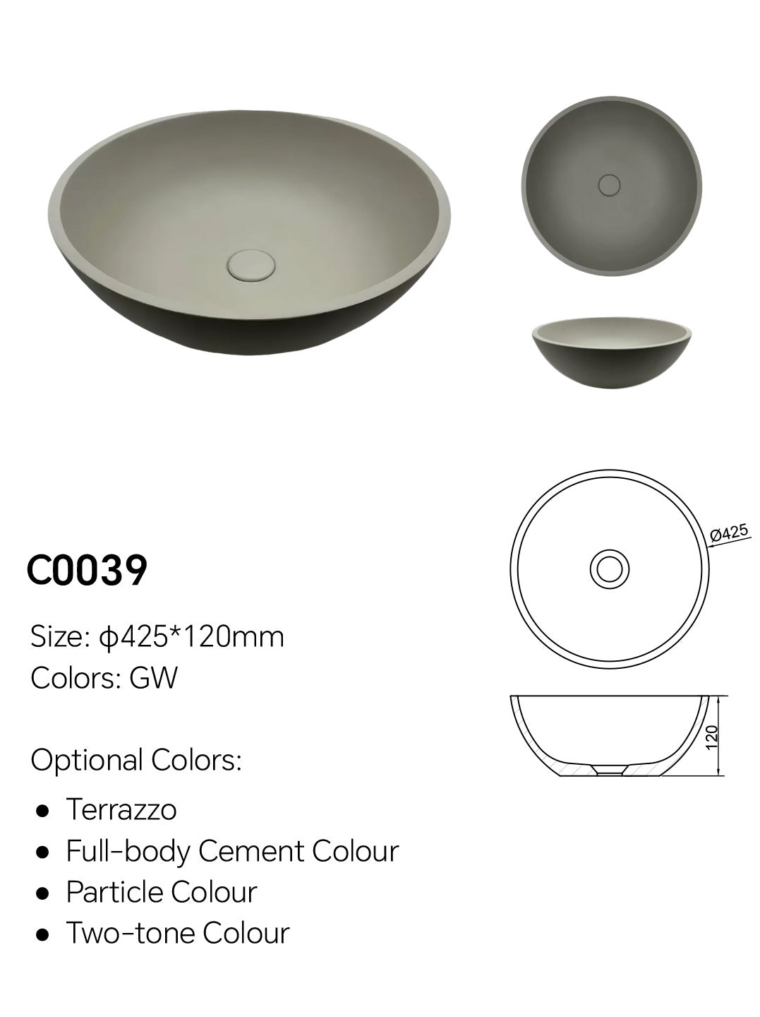 C0039 shallow round concrete basin specification image showing Ø425 × 120 mm size and round vessel profile details