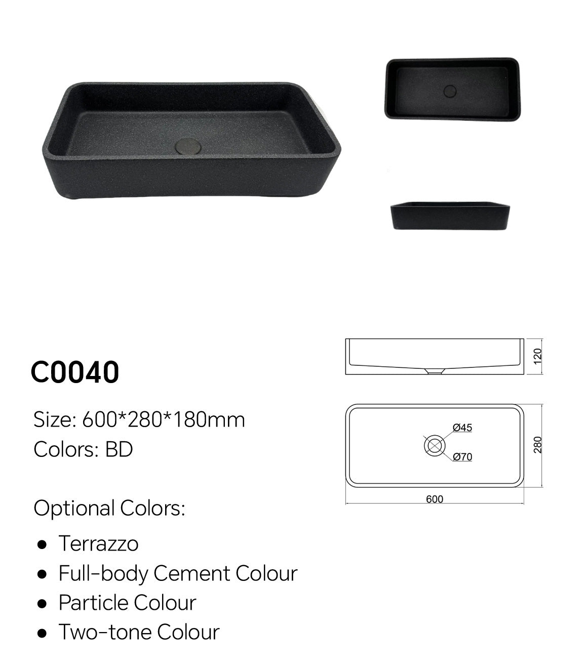 Dimension drawing of SANIKB C0040 rectangular concrete vessel sink showing 600 × 280 × 180 mm size and Ø45 mm drain hole