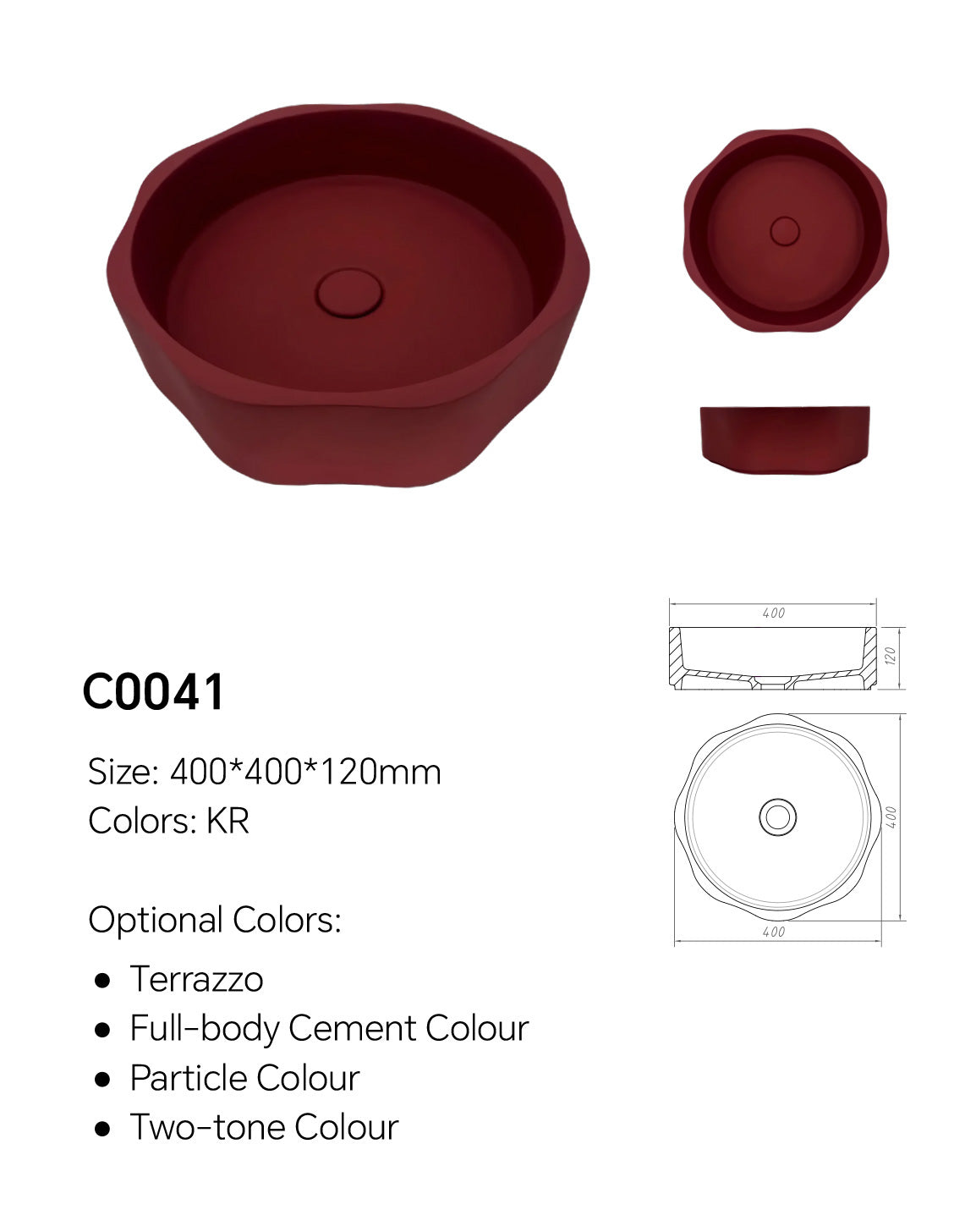 C0041 decorative round concrete basin specification image showing 400 × 400 × 120 mm size and round vessel sink dimensions