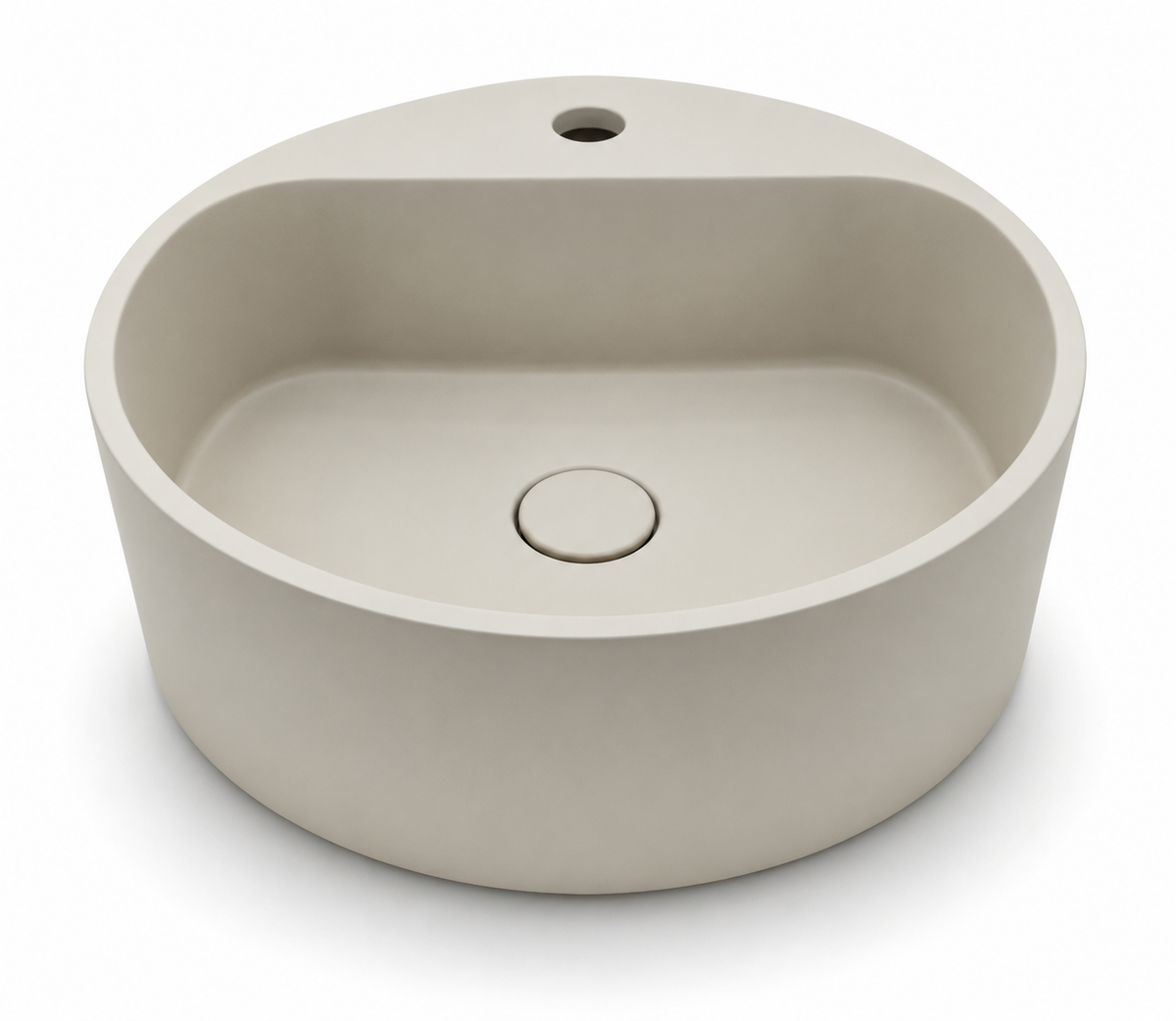 Round concrete basin with rear faucet hole and CAL cement finish for B2B bathroom vanity projects