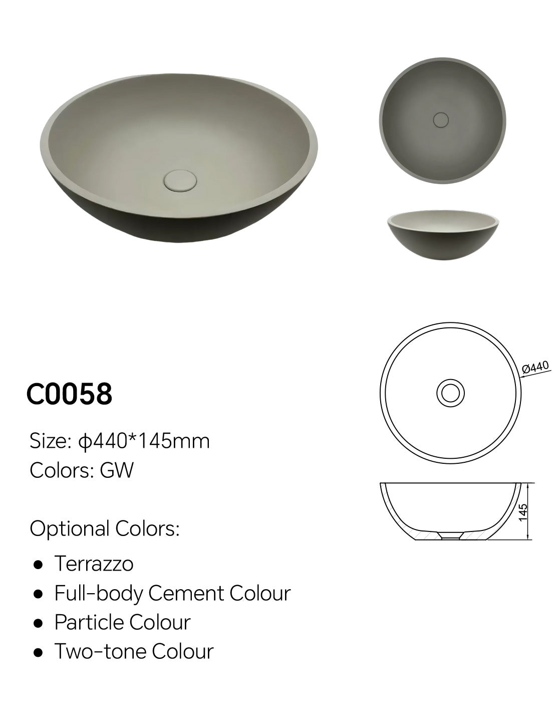 Round concrete vessel sink C0058 specifications showing Ø440 × 145 mm size and OEM color options