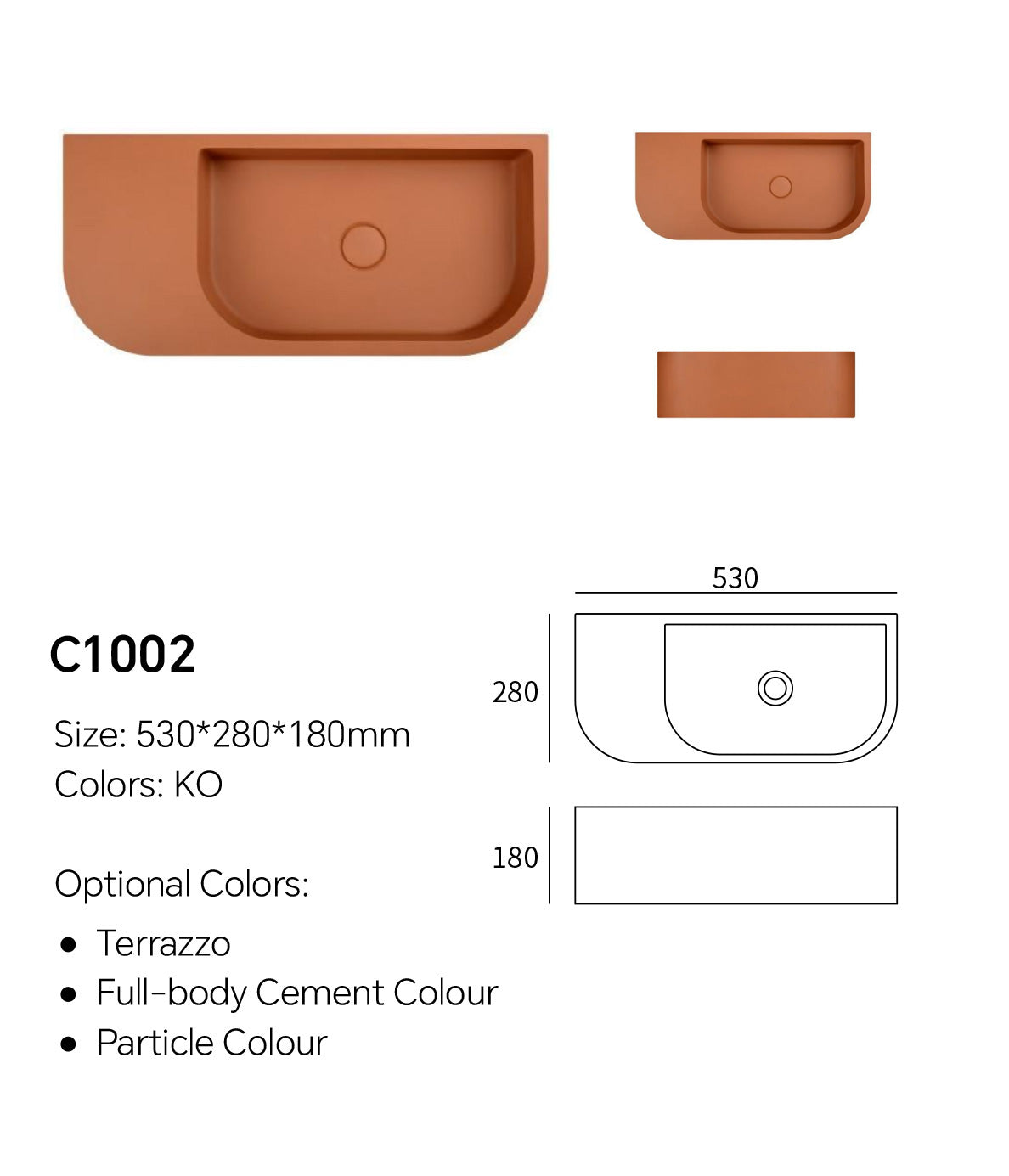 C1002 concrete floating vanity sink dimension diagram showing 530 x 280 x 180 mm wall-mounted design