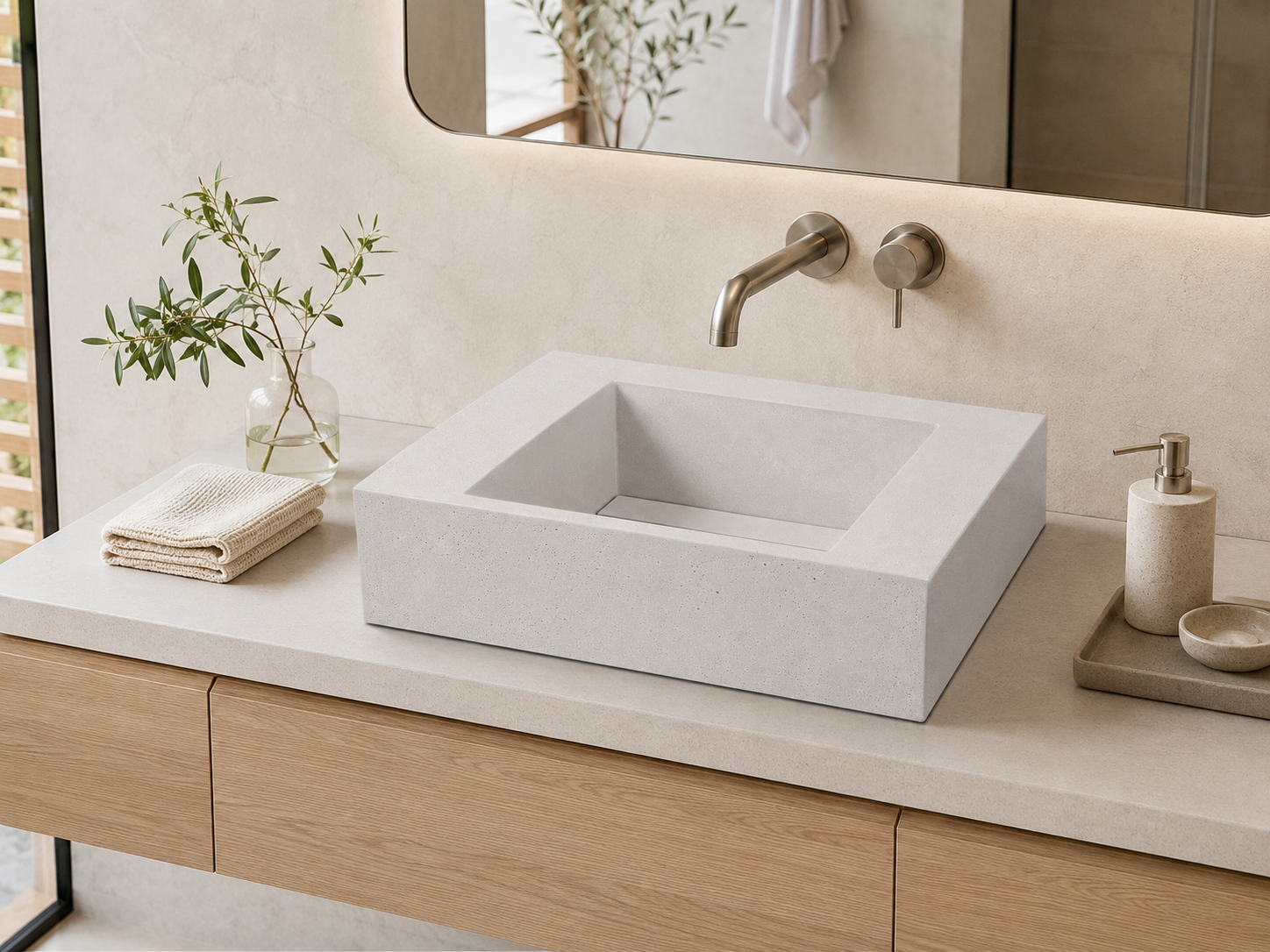 White rectangular concrete ramp vanity sink