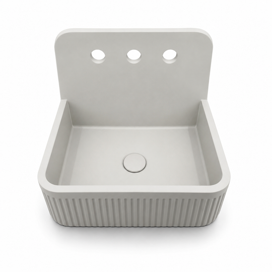 C1004 GW concrete wall mount sink with ribbed front, integrated backsplash, and three faucet holes