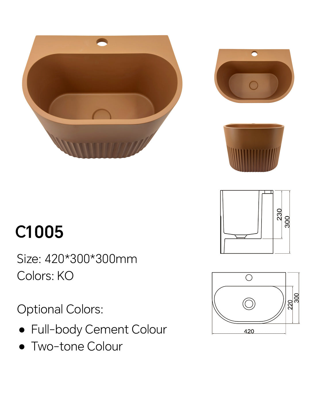 C1005 concrete mop sink specification drawing showing 420×300×300 mm size, 230 mm inner depth, faucet hole, center drain, and compact utility basin layout