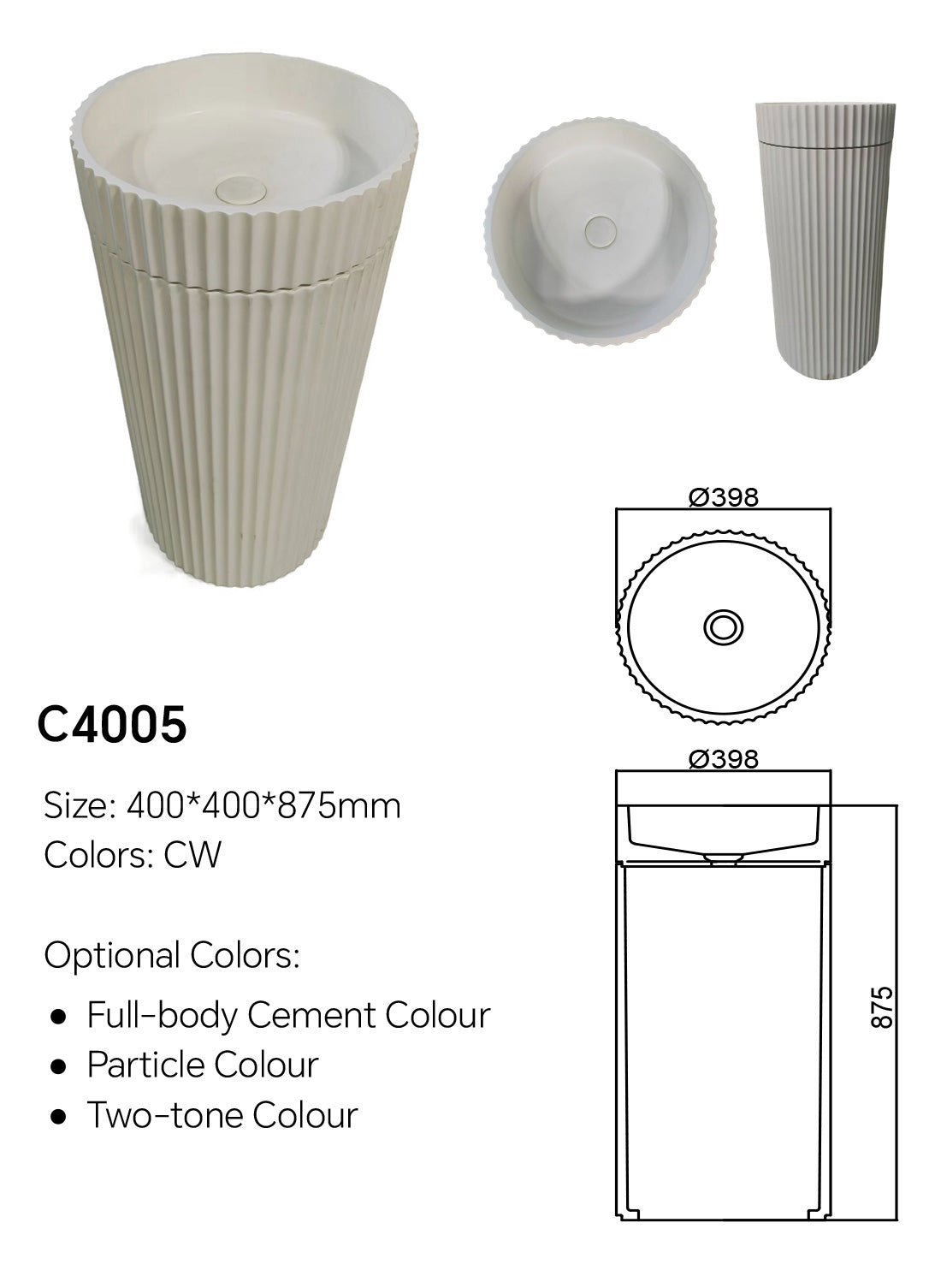 C4005 outdoor concrete pedestal sink specification drawing showing 400×400×875 mm size and Ø398 basin top