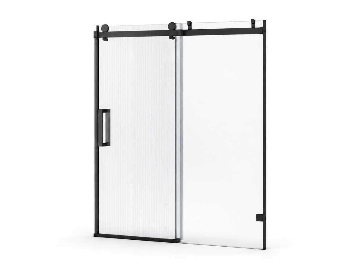 DD-S5 frameless single sliding shower door in matte black with fine fluted glass, product view