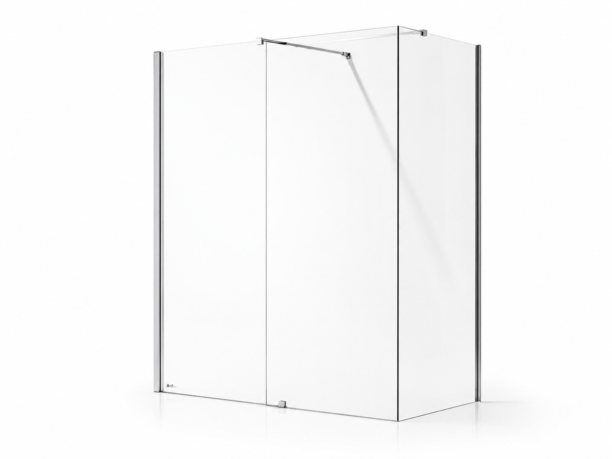 F-602 clear glass walk-in shower screen with chrome support bars and side return panel