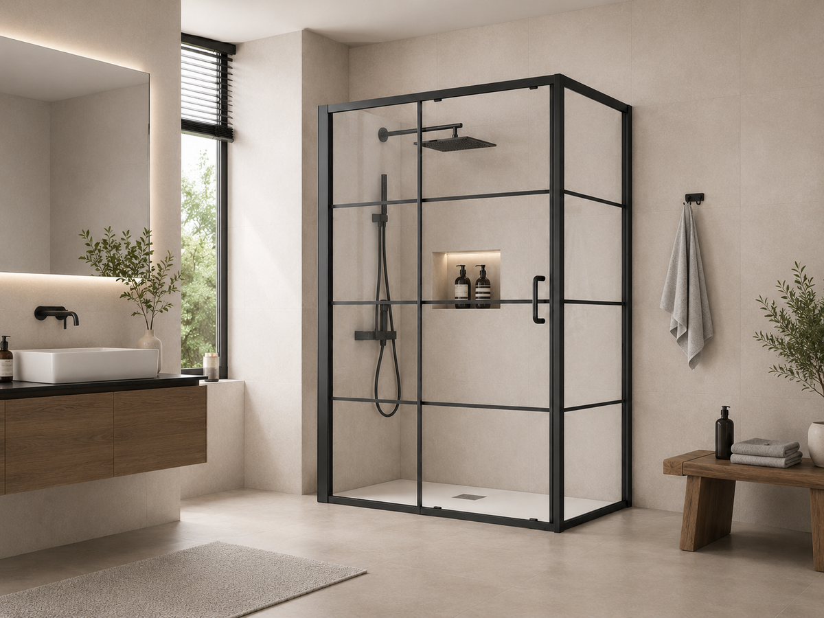 SANIKB F-603 black framed corner shower enclosure with grid glass design for project bathrooms