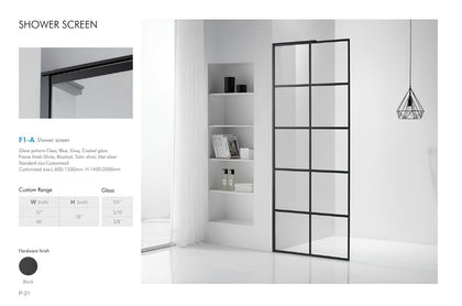 F1-A black grid shower screen specification image with custom size and glass thickness options