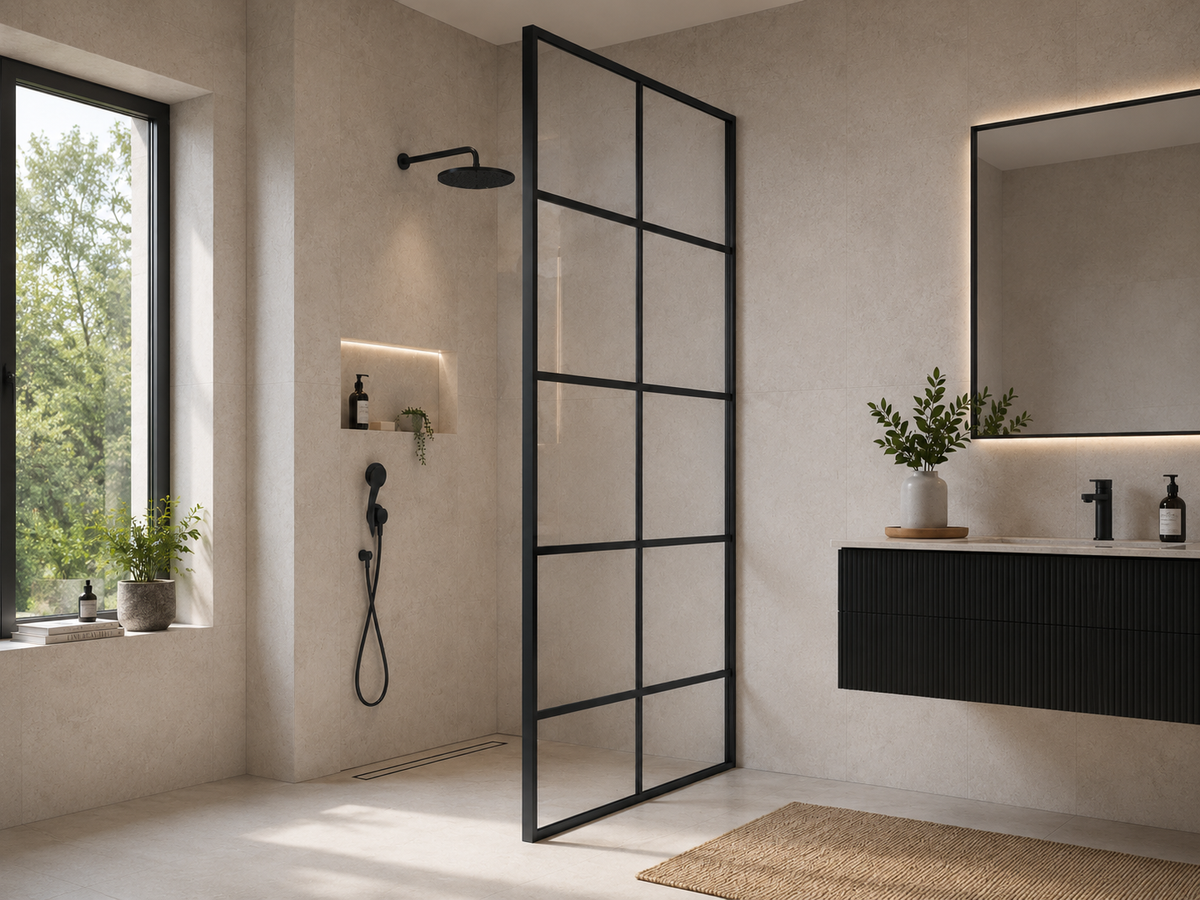 F1-A black grid fixed shower screen in a walk-in bathroom with black fixtures and floating vanity