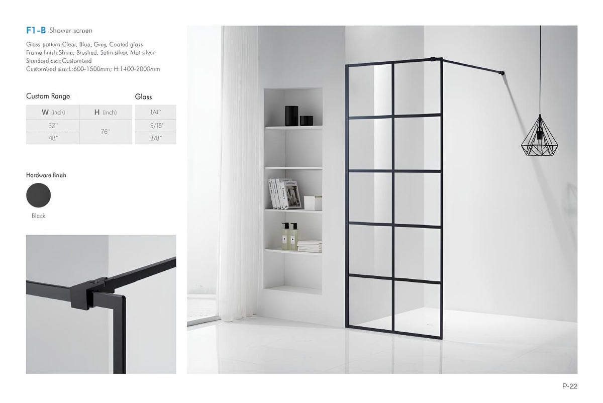 F1-B black grid shower screen specification image showing support arm and black hardware details