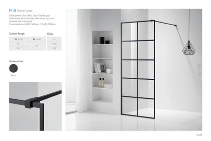 F1-B black grid shower screen specification image showing support arm and black hardware details