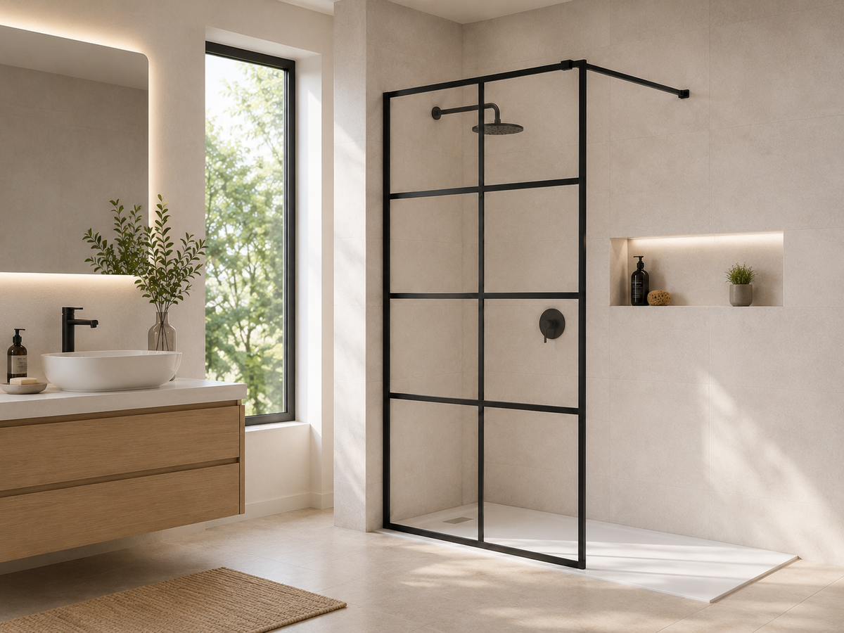 F1-B black grid shower screen with support arm for a modern walk-in bathroom project