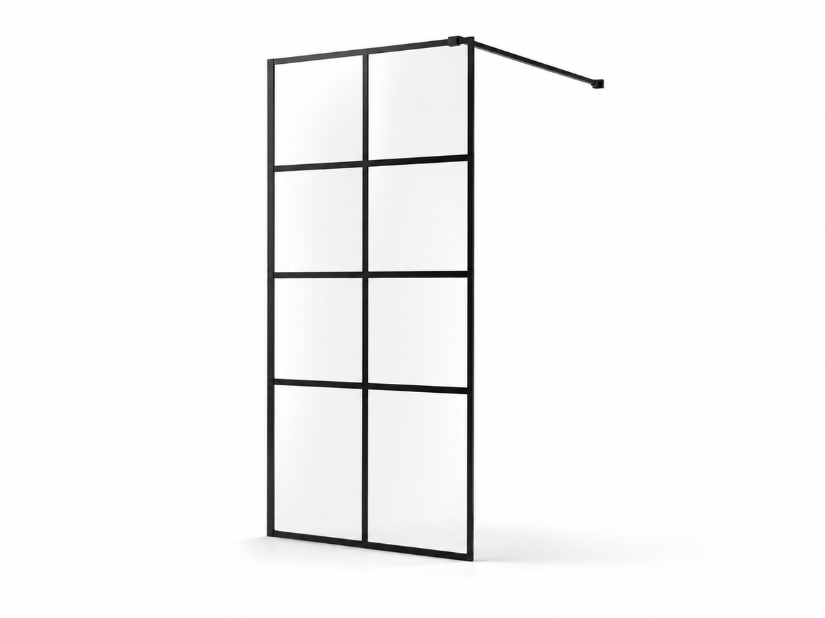 F1-B black grid fixed shower screen with wall support arm and black hardware
