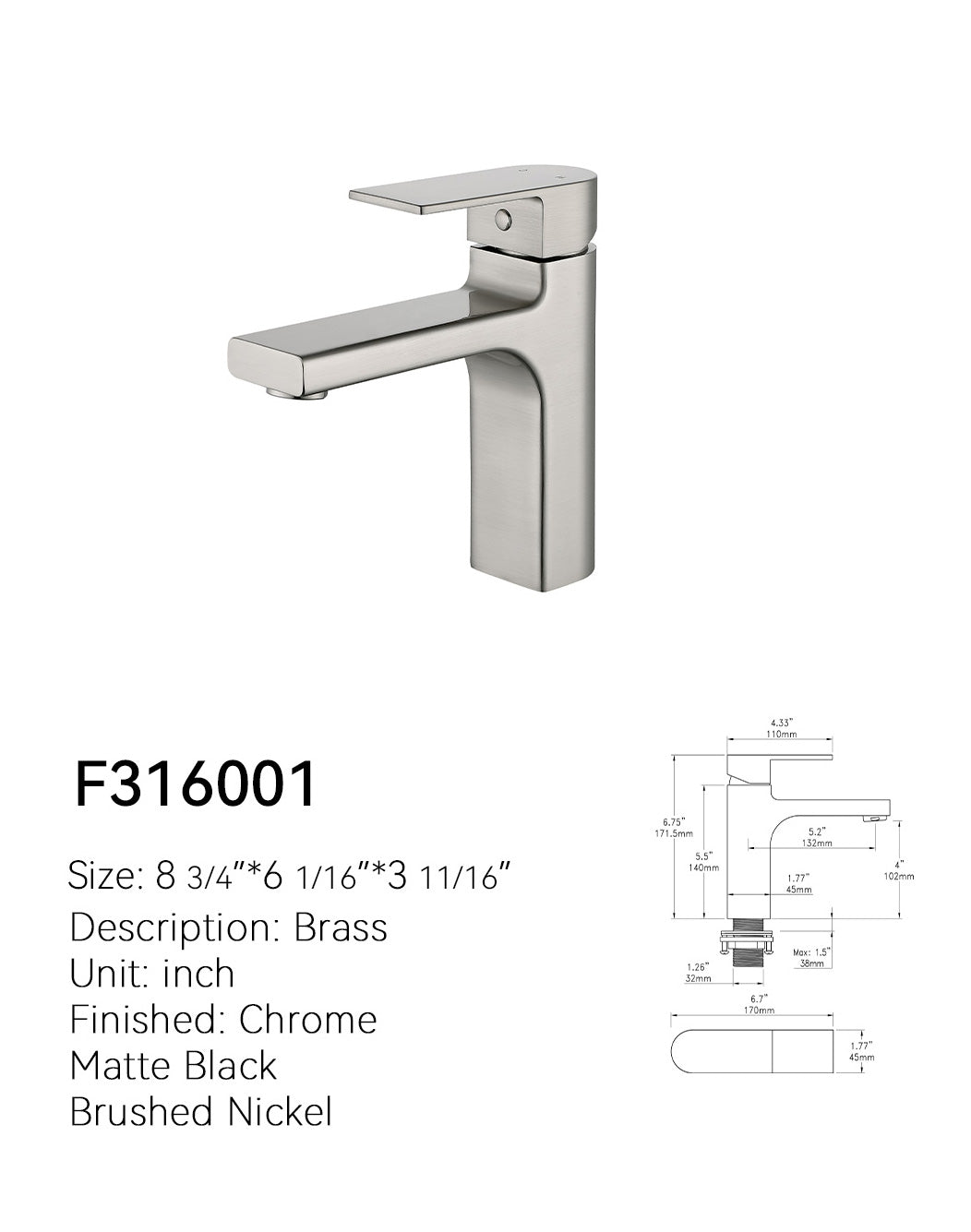 SANIKB Single Hole Bathroom Faucet F316001