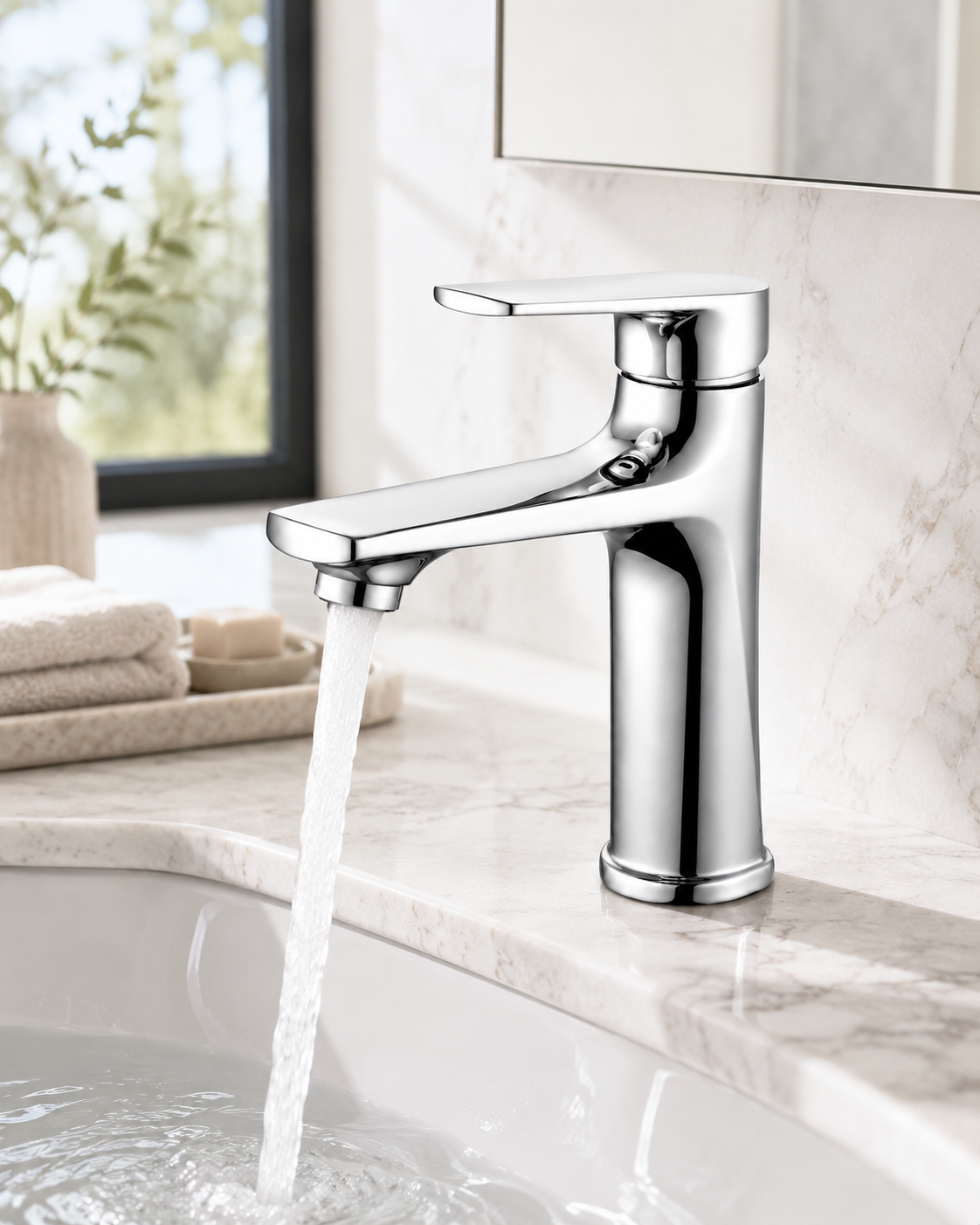 SANIKB F318001 brass faucet shown installed in a styled bathroom — lifestyle scene.