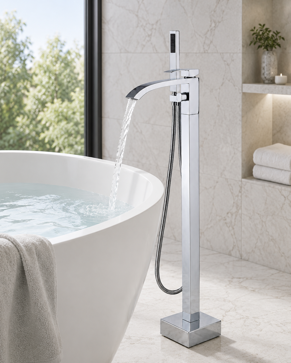 SANIKB F319104 brass faucet shown installed in a styled bathroom — lifestyle scene.