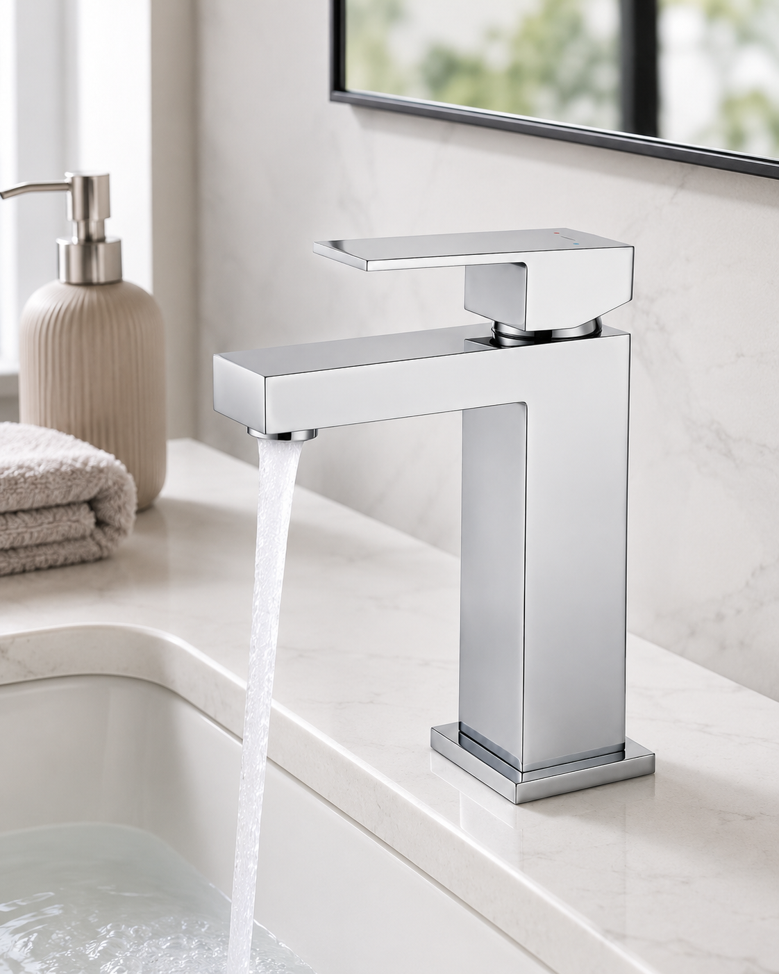 SANIKB F320001 brass faucet shown installed in a styled bathroom — lifestyle scene.