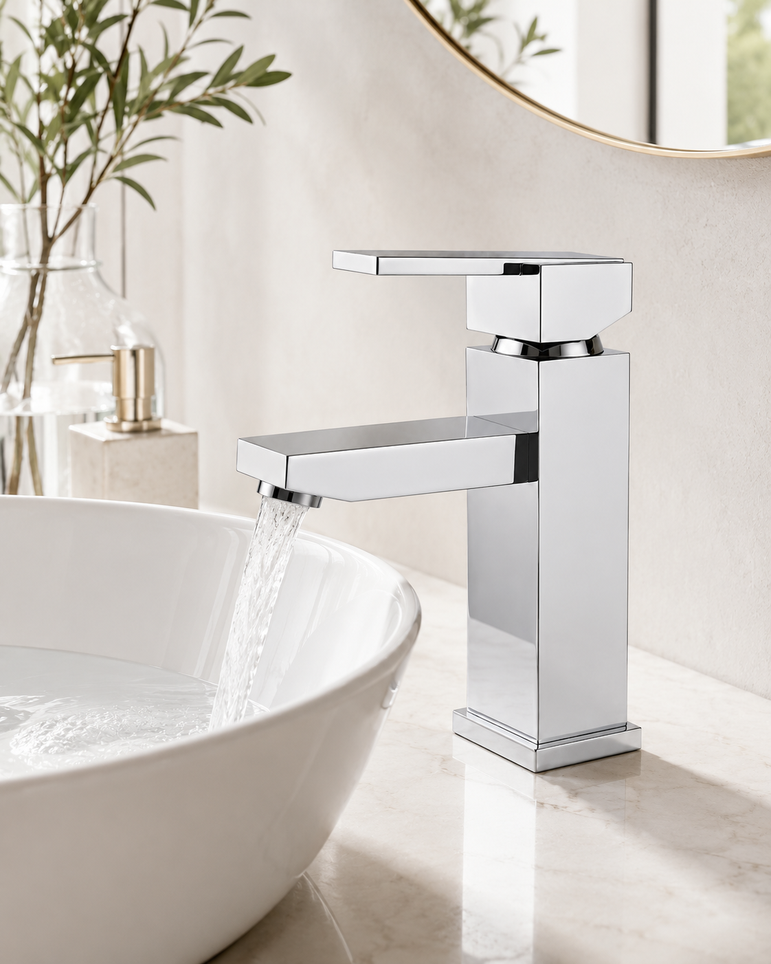 SANIKB F360001 brass faucet shown installed in a styled bathroom — lifestyle scene.