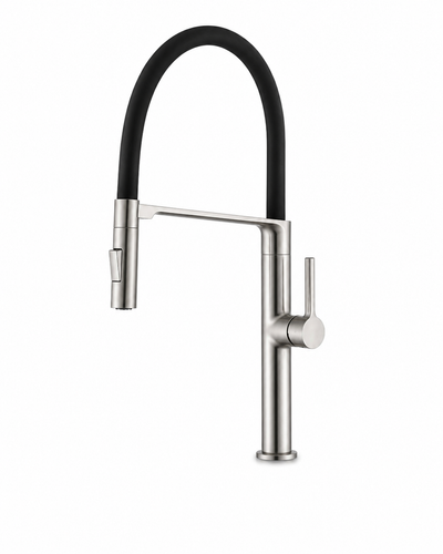 Commercial pull-down kitchen faucet, brass body, high-arc gooseneck spout with black pull-down hose and spray head — SANIKB F374302