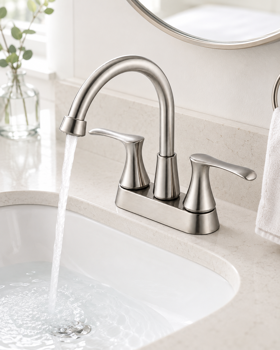 SANIKB F405001 brass faucet shown installed in a styled bathroom — lifestyle scene.