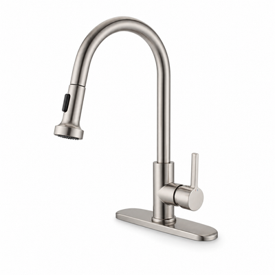 16-inch pull-down kitchen faucet, brass body, high-arc gooseneck spout with deck plate and pull-down spray head — SANIKB F422002