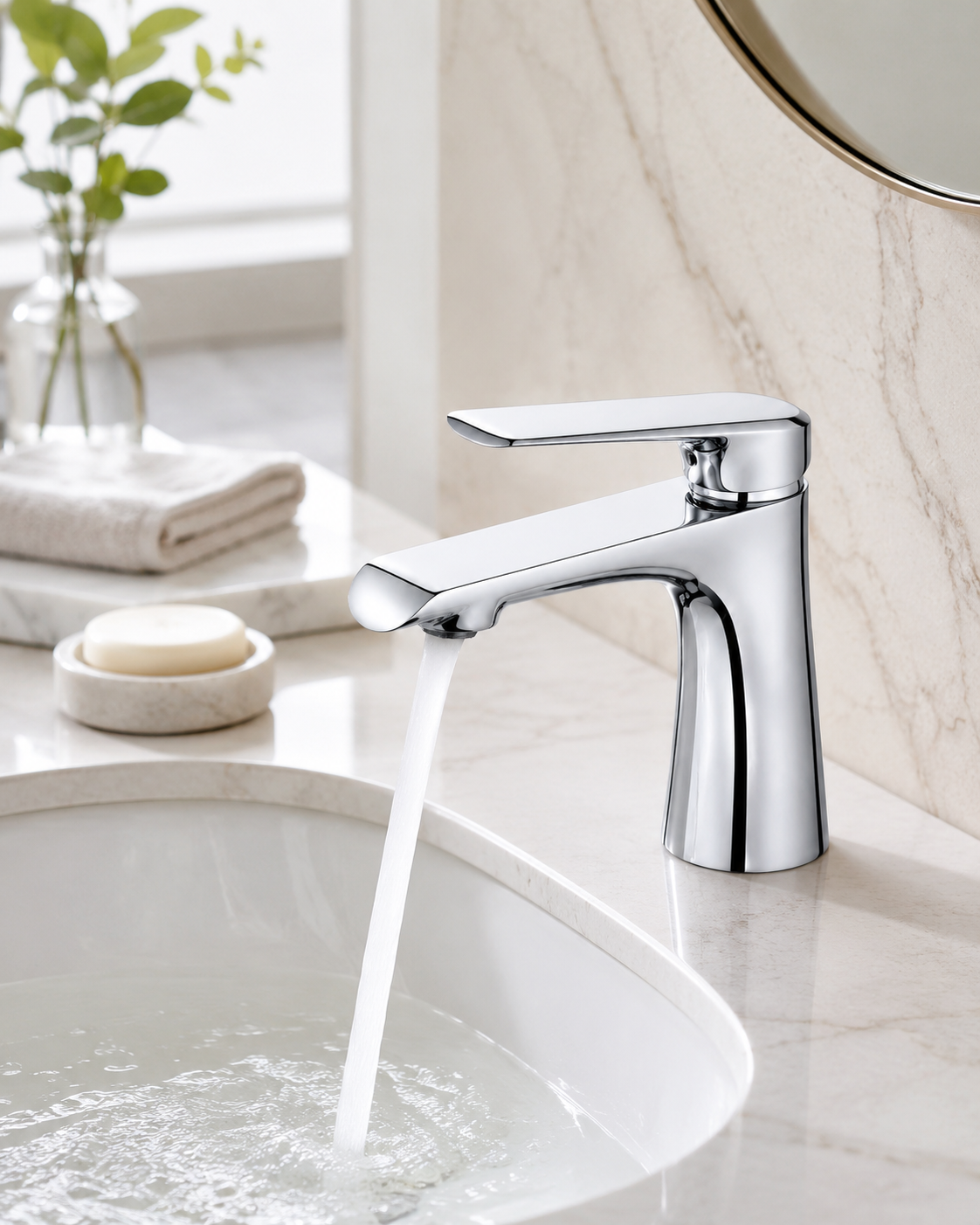 SANIKB F443001 brass faucet shown installed in a styled bathroom — lifestyle scene.