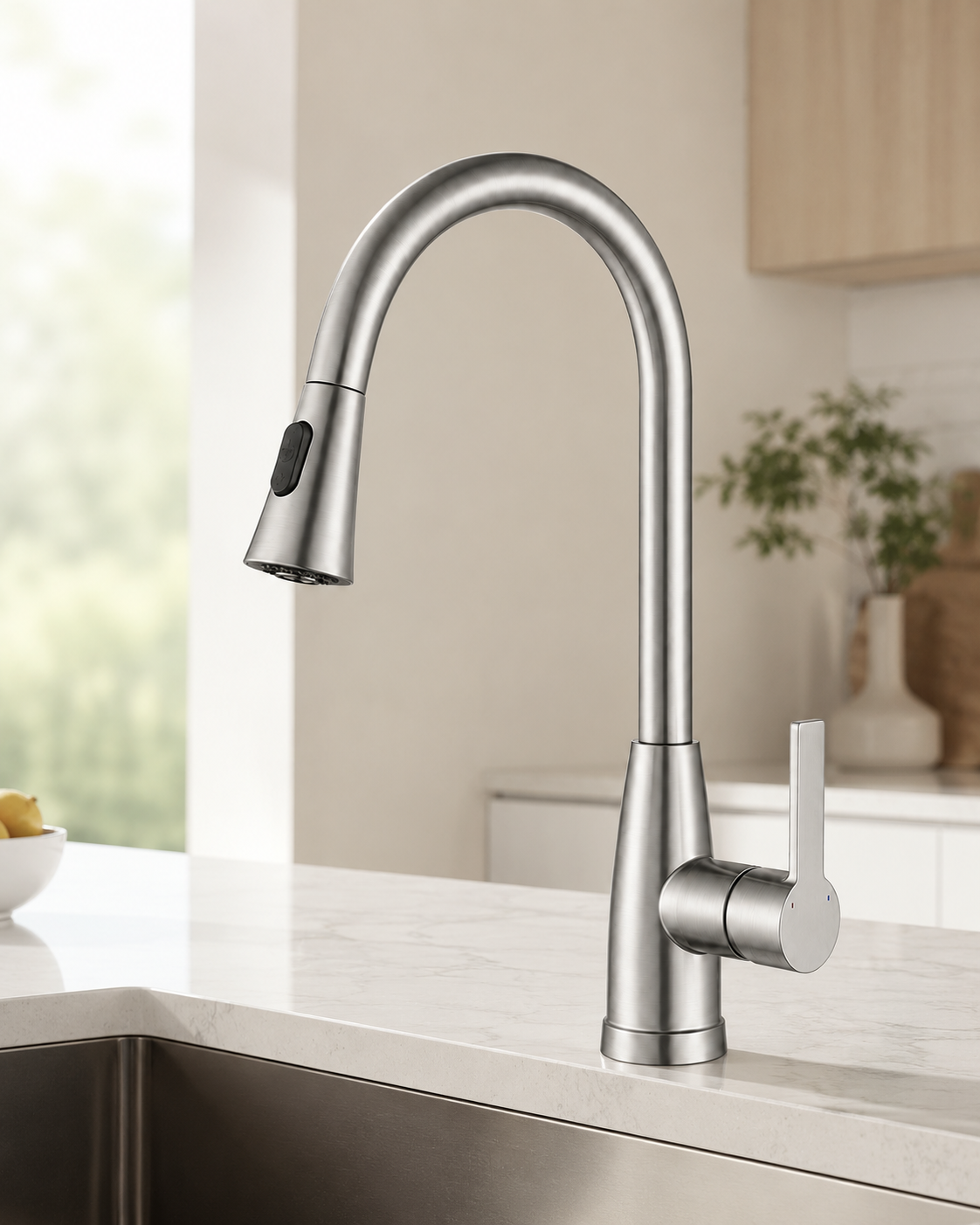 SANIKB F804102 brass faucet shown installed in a styled bathroom — lifestyle scene.