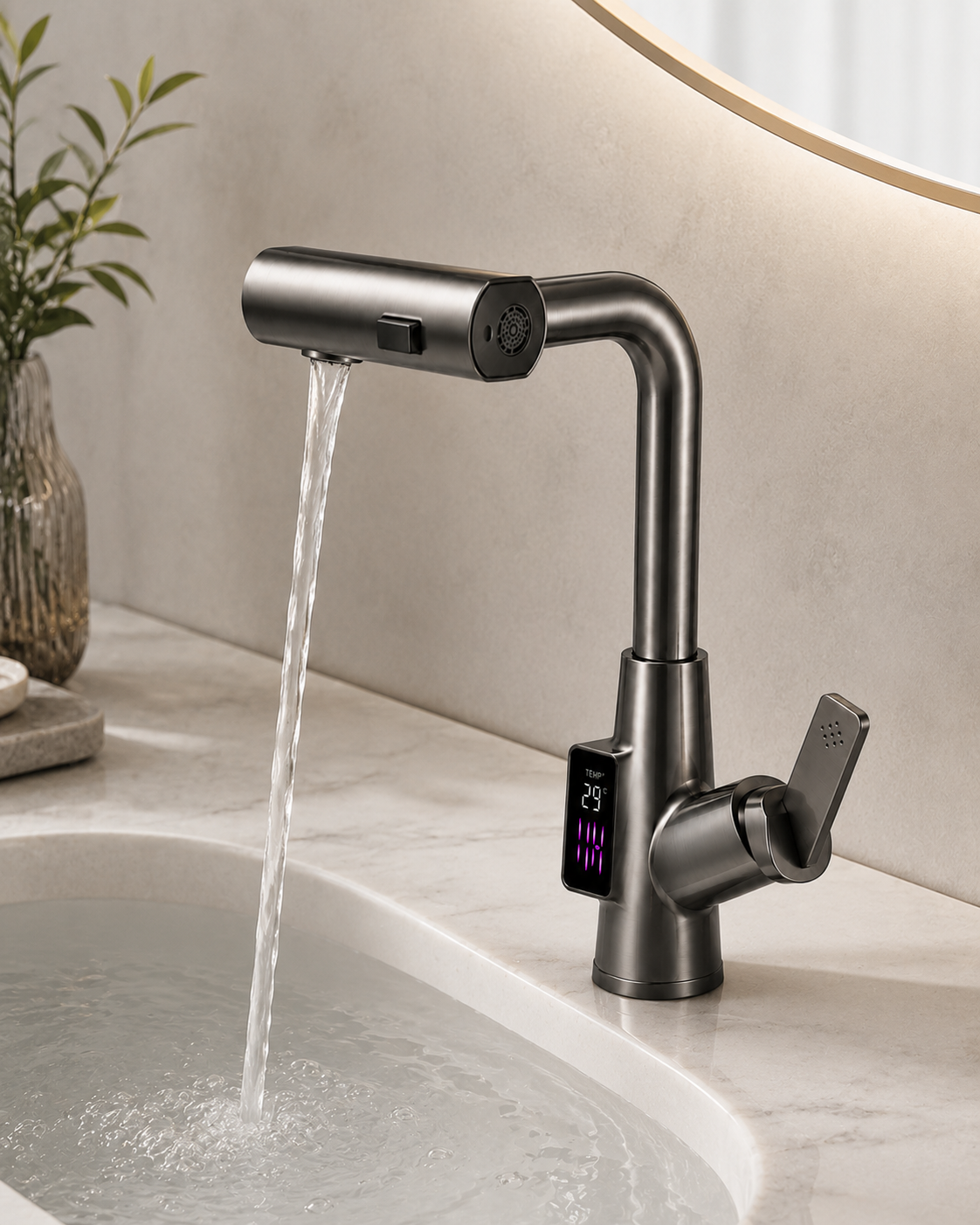 SANIKB F806102 brass faucet shown installed in a styled bathroom — lifestyle scene.