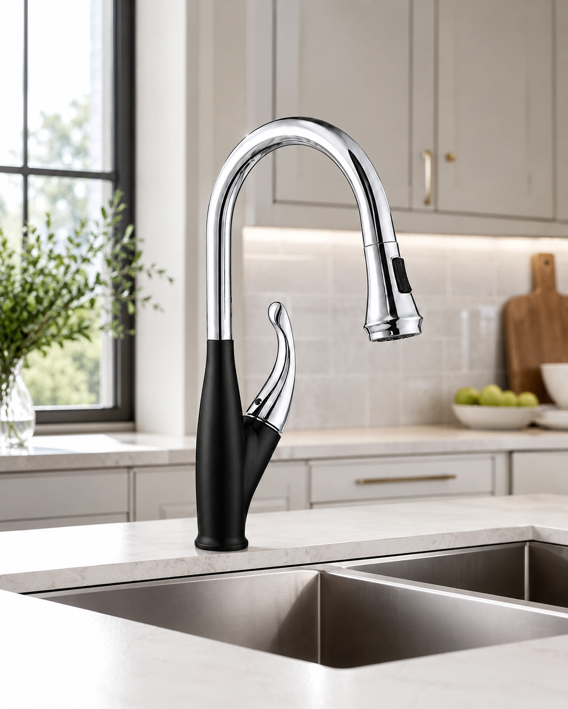 SANIKB F811002 brass faucet shown installed in a styled bathroom — lifestyle scene.