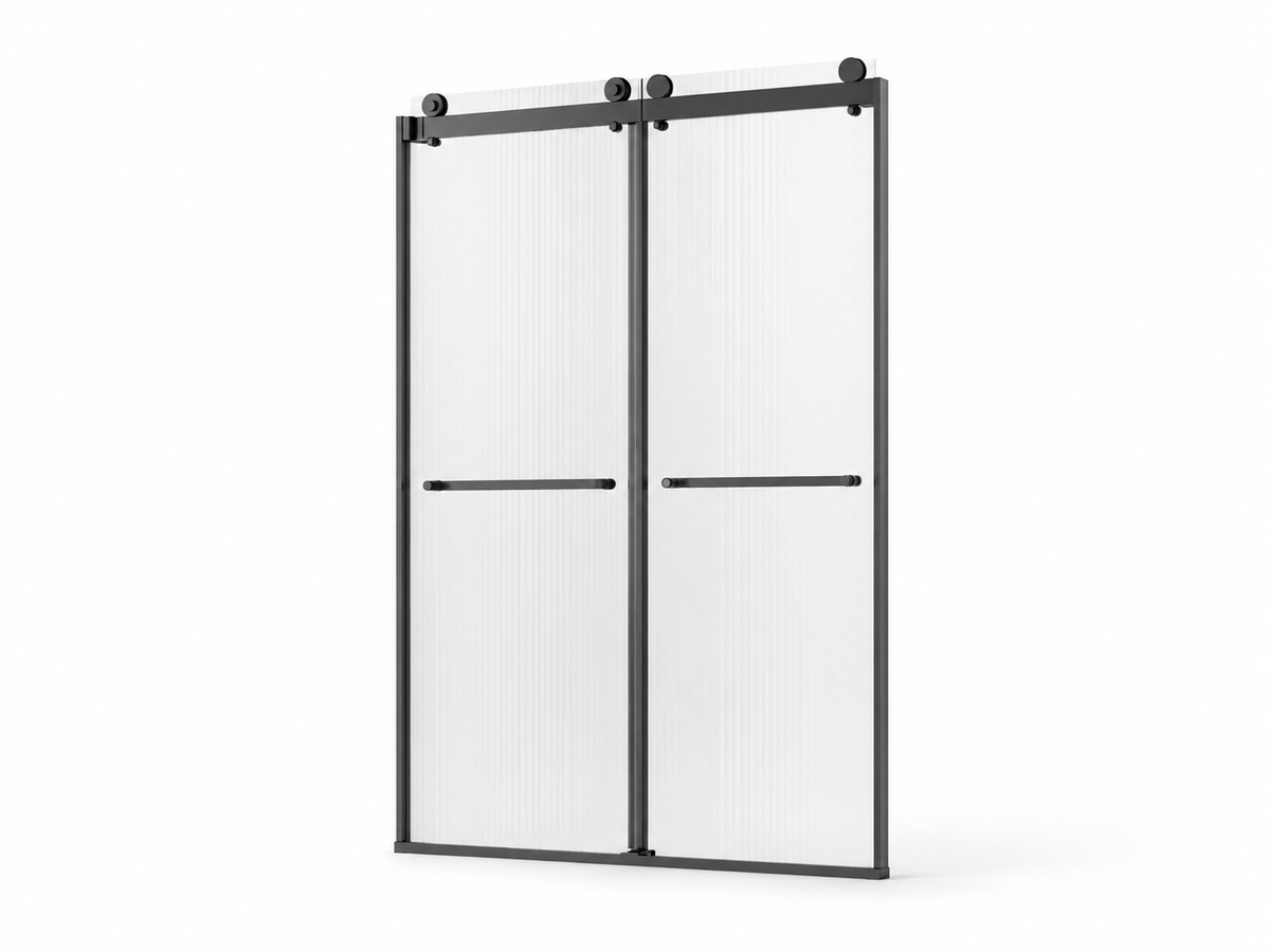 FN-S2P frameless double sliding shower door with 3/8" fluted tempered glass and matte black 304 stainless steel hardware