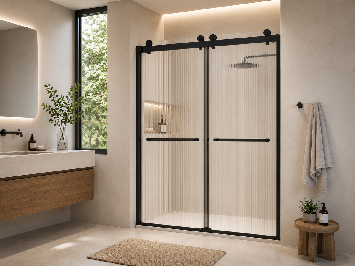 SANIKB FN-S2P frameless double sliding fluted glass shower door in matte black, installed in a modern bathroom with wood vanity