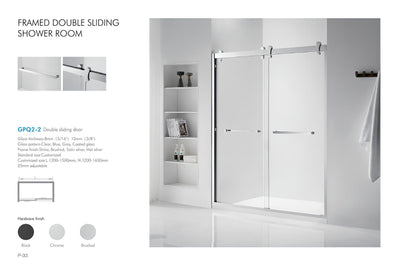 GPQ2-2 framed double sliding shower door spec sheet showing dimensions, glass options, and black, chrome, and brushed hardware finishes