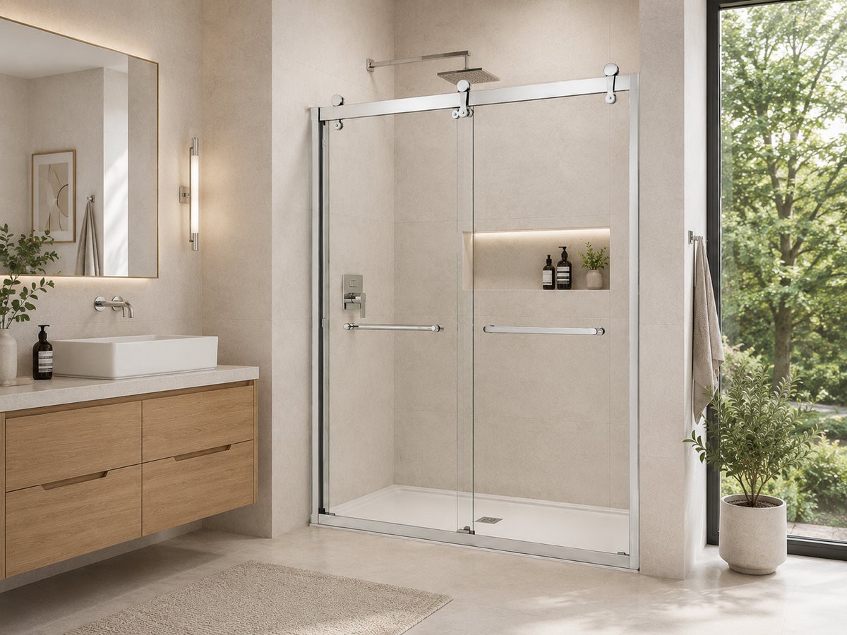 GPQ2-2 framed bypass shower door with chrome frame installed in a modern beige-tile bathroom with a wood vanity