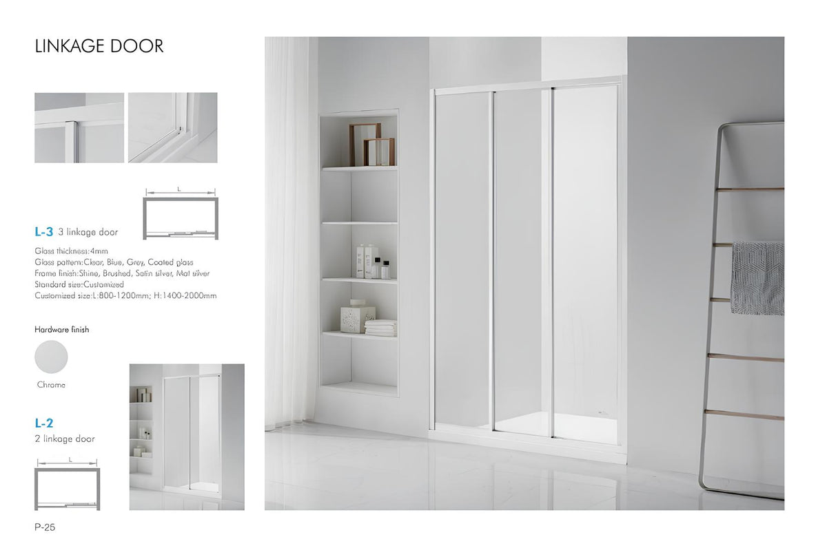 Custom 3-panel sliding shower door spec sheet showing sizes, 4mm glass, and frame finish options