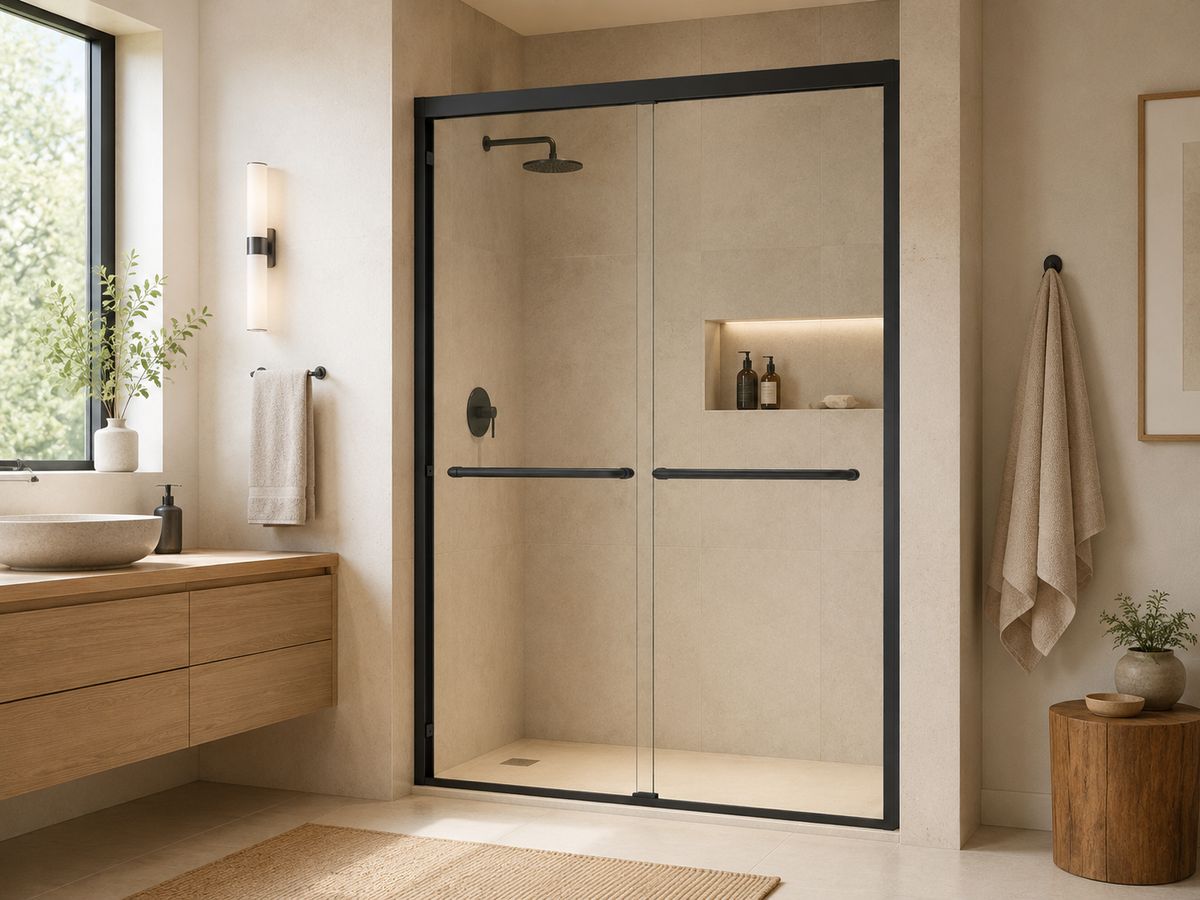 Black framed double sliding shower door installed in a warm modern bathroom with clear glass panels