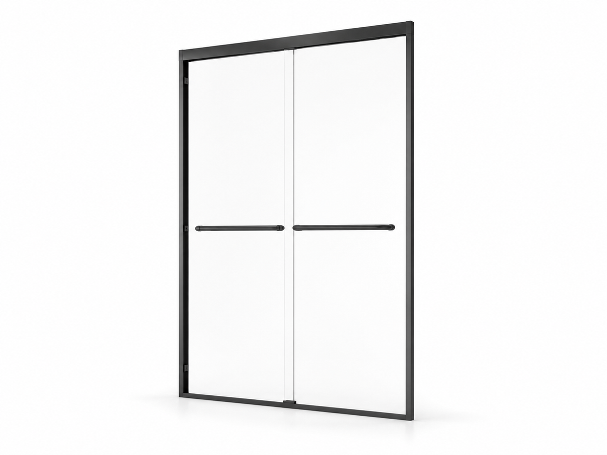 Black aluminum framed double sliding shower door product view with clear glass and matching handles