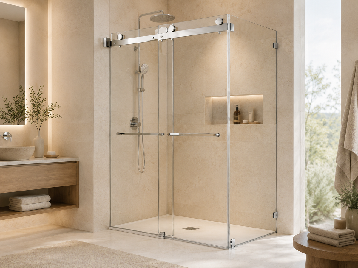 NA-R01 frameless double sliding shower enclosure with chrome hardware in a modern beige stone bathroom