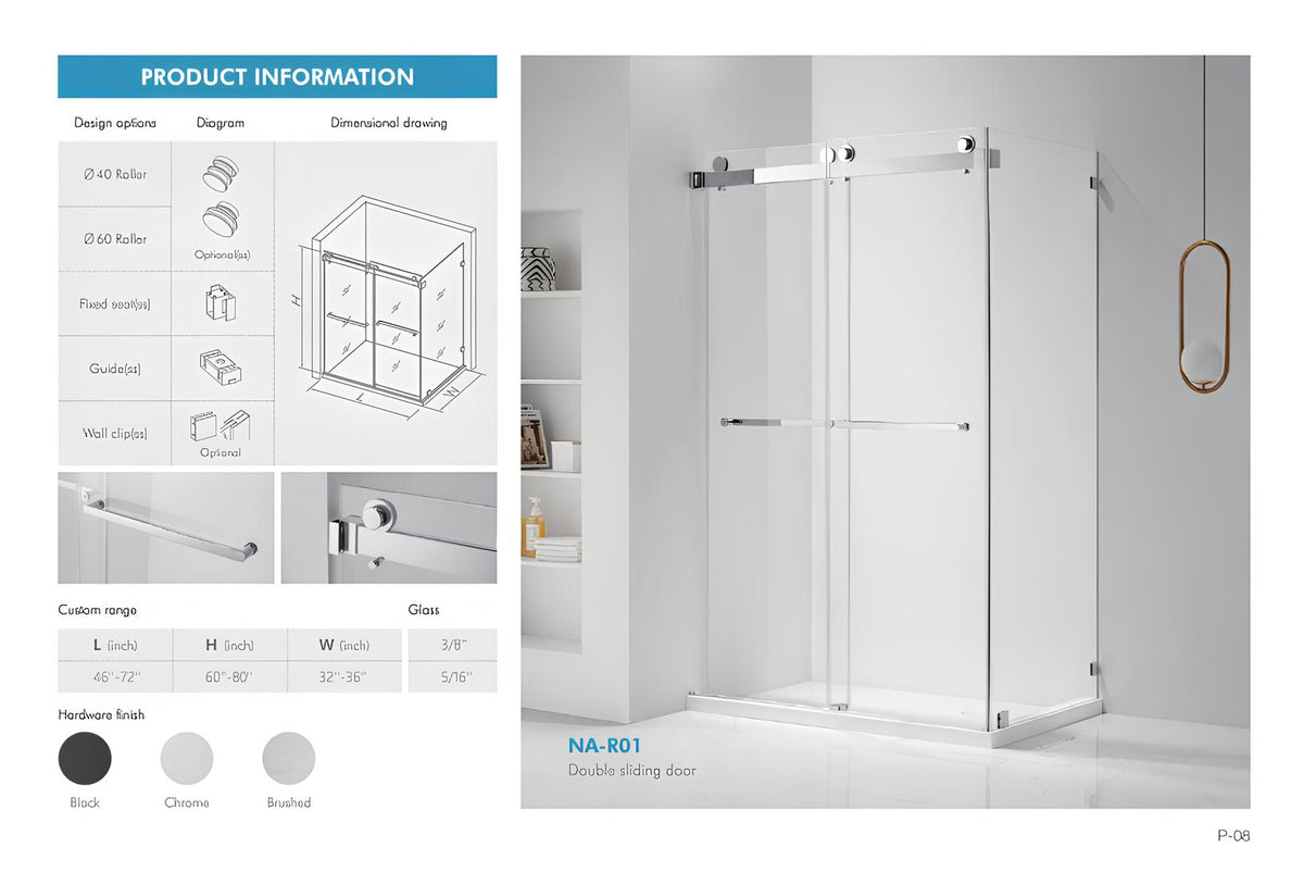 NA-R01 frameless sliding shower door spec sheet showing dimensions, roller options, glass thickness, and hardware