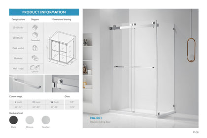 NA-R01 frameless sliding shower door spec sheet showing dimensions, roller options, glass thickness, and hardware